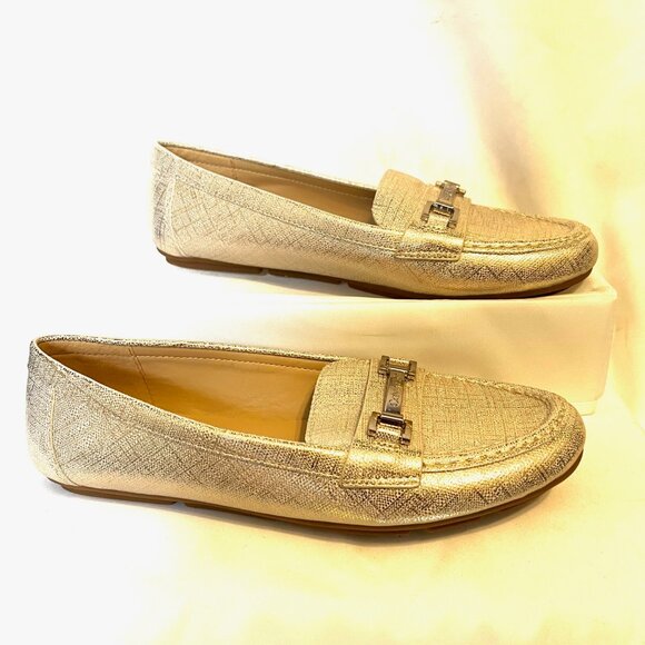 Calvin Klein Women's Metallic Gold Loafers-Size 8 1/2"-Gold/Silver Logo-Comfy - Picture 1 of 15